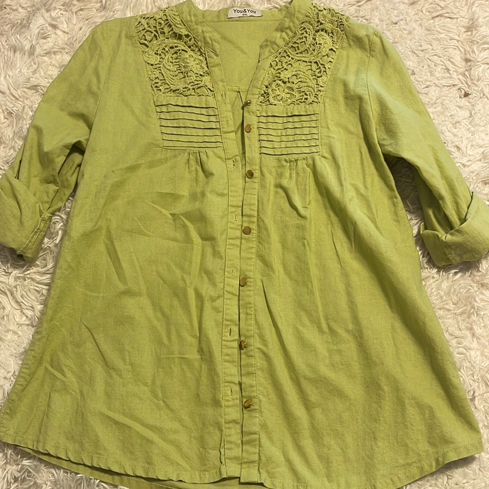 Green with gold button up top with lace detail